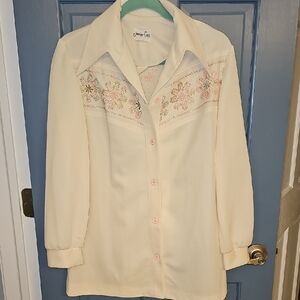 Vintage Jennifer Gee Cream Embroidered  Shirt Flower Pink Size 18 Medium Cowboy